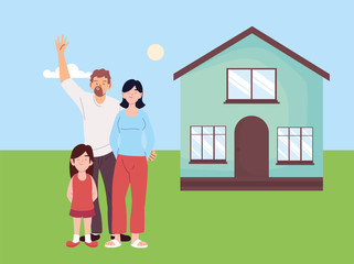Mother father and daughter cartoons in front of house vector design