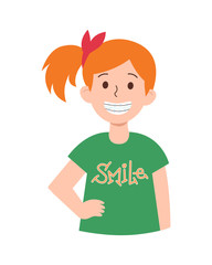 Cute redhead kid girl smiling with teeth braces. Hand-drawn cartoon vector illustration with smile lettering. Children's dental clinic, tooth care concept. Character for poster, web banner, print