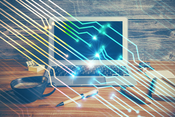 Double exposure of desktop with personal computer on background and tech theme drawing. Concept of Bigdata.