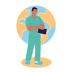man doctor with uniform in front of world sphere vector design