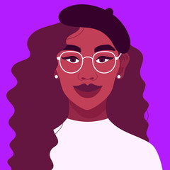 Portrait of a beautiful female office worker. Confident young woman in business attire with glasses. Happy African student smiling. Social network profile avatar. Contemporary flat design.