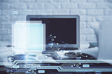 Multi exposure of desktop computer and technology theme hologram. Concept of software development.
