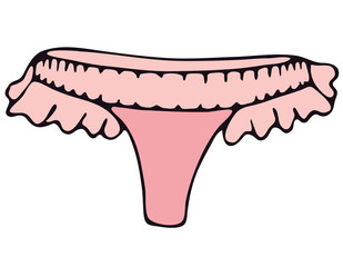 set of female sexy underwear - cute lace lace briefs with ruffles, pink vector elements in doodle style with black outline