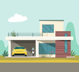 Modern house and electric car on charging against the background of an abstract landscape. Vector illustration.
