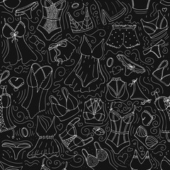 sexy underwear for women in doodle style, imitation of chalk on a blackboard, vector seamless pattern, black and white illustration