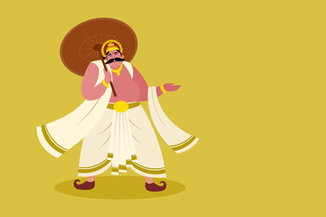 Illustration of King 'Mahabali' holding umbrella with copy space. Mahabali is the icon of Onam festival of Kerala in India.