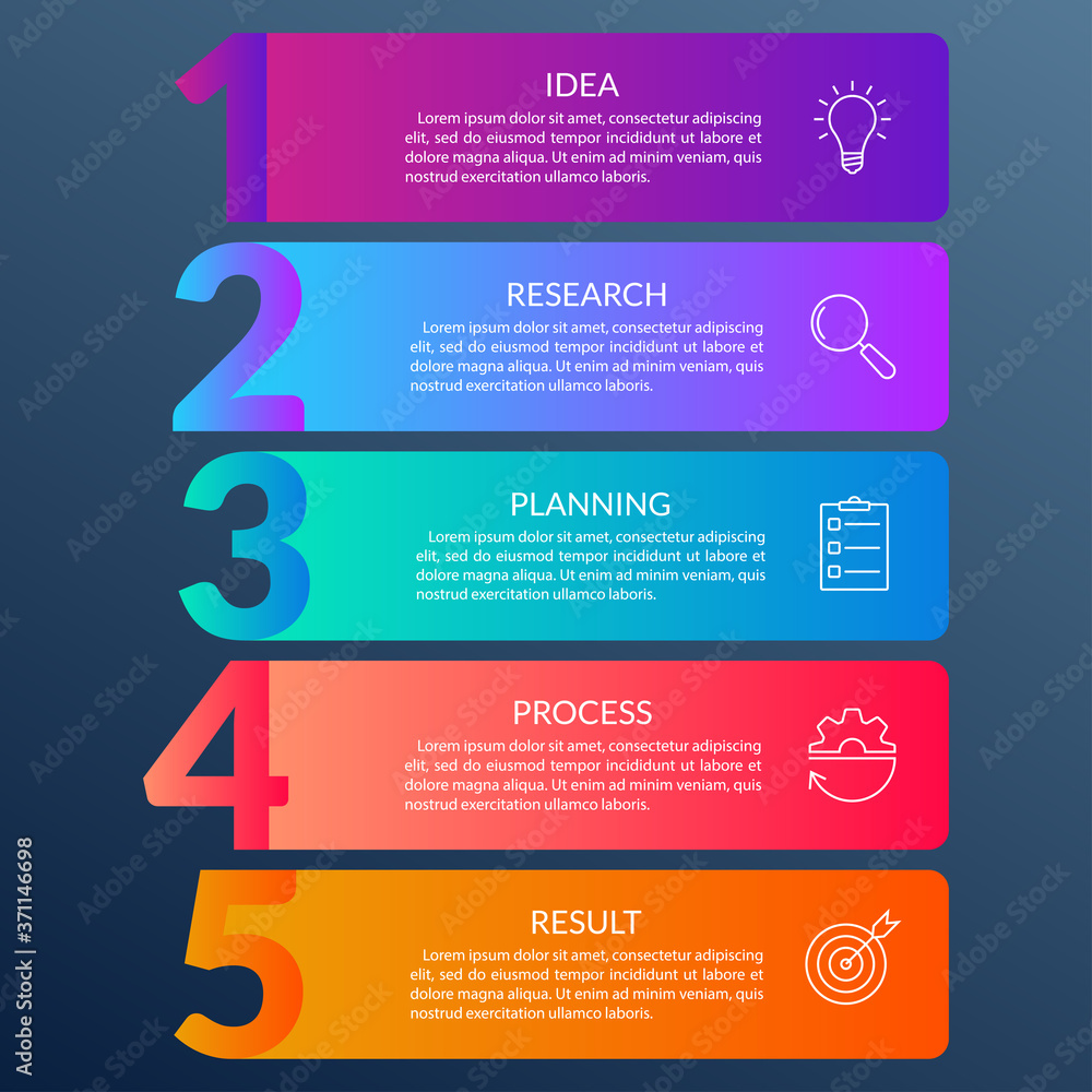 Poster 5 steps info graphic with business icons and copy space. infographics template with outline numbers.
