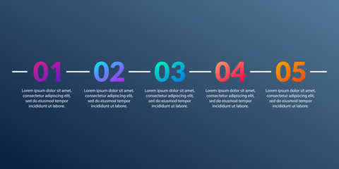 5 steps, options or levels info grapic template. Business process design with five numbers. Modern elements for presentation, workflow layout, timeline infographics. Vector illustration.