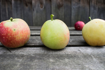 On a wooden table there are three ripe apples in a row