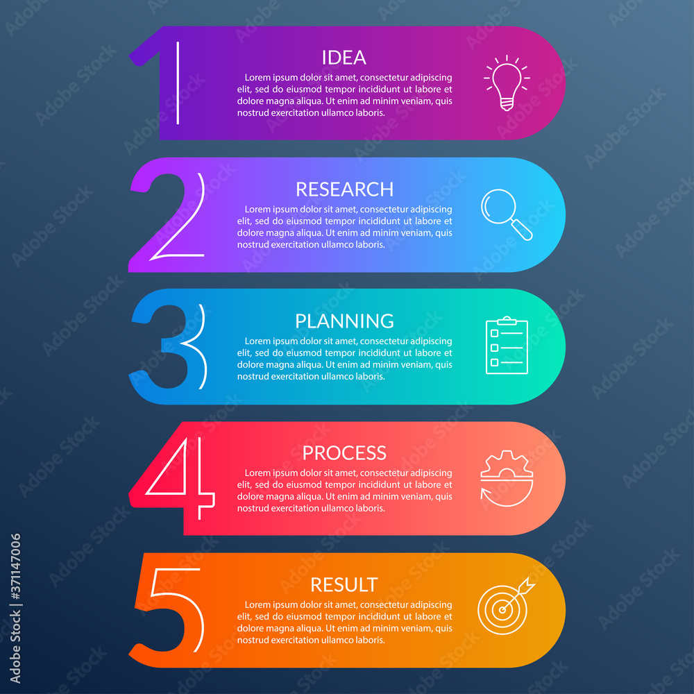 Poster 5 steps info graphic with business icons and copy space. infographics template with outline numbers.