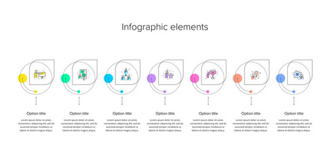 Business process chart infographics with 7 step circles. Circular corporate workflow graphic elements. Company flowchart presentation slide template. Vector info graphic design.