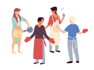 Obraz premium set of people with kitchen utensils over white background