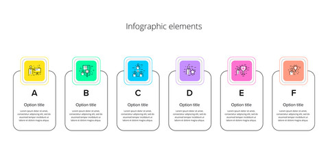 Business process chart infographics with 6 step rectangles. Rectangular corporate workflow graphic elements. Company flowchart presentation slide template. Vector info graphic design.
