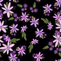 Simple cute floral bouquet vector pattern with small and medium flowers and leaves.