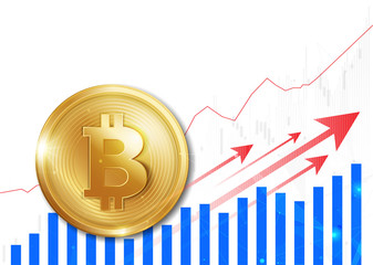 Financial growth concept with golden Bitcoins. up or down income graph with bitcoin vector design. concept of monetary collection or strategy of profit or benefit making in business.