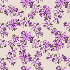 Simple cute floral bouquet vector pattern with small and medium flowers and leaves.
