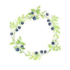 Round frame branches of blueberry isolated on white background. Watercolor hand drawing illustration. Copy space. Perfect for card, banner, cover, poster.