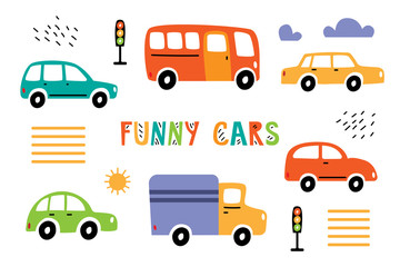 Collection funny colorful cars on a white background. Street with cars, traffic lights, pedestrian crossing and lettering Funny cars.