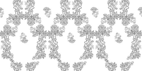 Stylish white  floral kalamkari ornament pattern on black background. Vector surface design for fabric, apparel textile, book, interior, wallpaper
