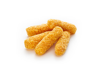 Tasty crispy mozzarella cheese sticks on white background