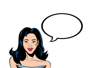 retro black hair woman cartoon with bubble vector design