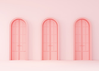 Doors concept in plain monochrome pastel pink color. Light background with copy space. 3D rendering for web page, presentation or picture frame backgrounds, minimalist interior. 