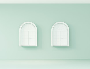 Windows and doors concept in plain monochrome pastel blue color. Light background with copy space. 3D rendering for web page, presentation or picture frame backgrounds, minimalist interior. 