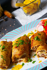 Vegetable roulade from roast  pork loins with salads