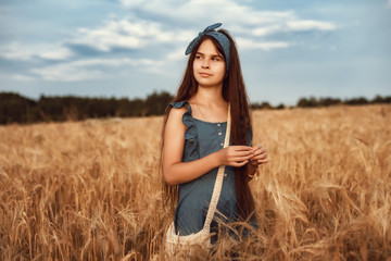 Naklejka na ściany i meble Portrait of Little girl 10-12 years old with long brown hair, walk in a wheat field on a summer evening