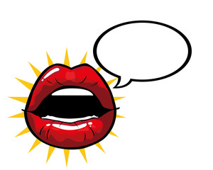female and red pop art mouth with explosion and bubble vector design