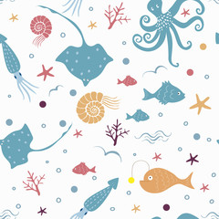 Seamless vector pattern with sea elements - octopus, fish, squid, stingray, shell, coral