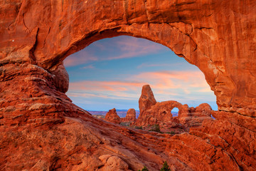 Fototapeta Turret arch through the North Window in Arches National Park in Utah obraz