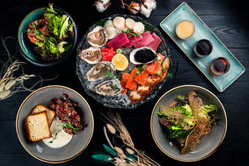 set of food with seafood, Asian cuisine