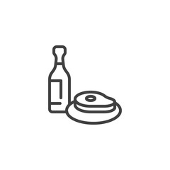 Wine and steak line icon. linear style sign for mobile concept and web design. Wine bottle and meat steak outline vector icon. Symbol, logo illustration. Vector graphics