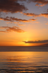 A pool with views of the Atlantic ocean and a yellow-orange sunset.