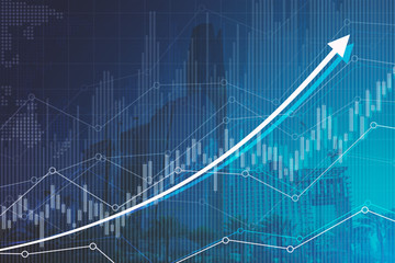 Stock market digital graph chart on LED display concept. A large display of daily stock market price and quotation. Indicator financial with buildings background