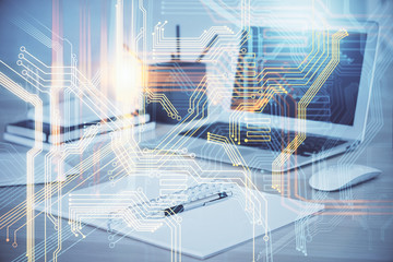 Multi exposure of table with computer and world map hologram. International data network concept.