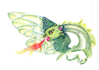 Pointillism green dragon breathes out flames.