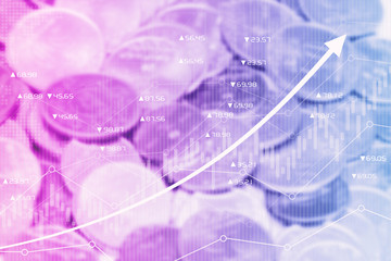 Stock market digital graph chart on LED display concept. A large display of daily stock market price and quotation. Indicator financial with buildings background