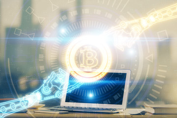 Multi exposure of blockchain theme hologram and table with computer background. Concept of bitcoin crypto currency.