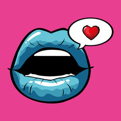 female and blue pop art mouth with bubble and heart vector design