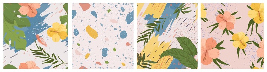 pattern modern floral, tropical and marble seamless patterns. Set with exotic designs for fabric, paper, cover, interior decor, vector illustration