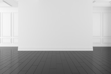 3D render of empty room with wooden floor and classic wall.	