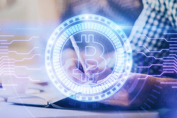 Businessman with hands background. Crypto currency concept.