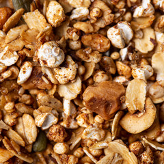 Macro texture of different many raw nuts food