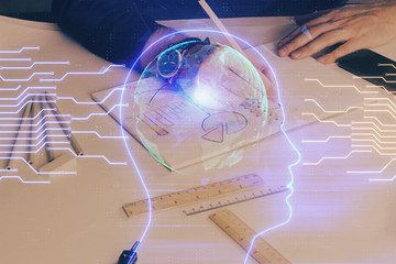 Brain multi exposure icon with man hands background.
