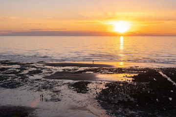 silhouettes of people on beach at Ault in french normandy during sunset
