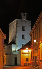 Fototapeta na wymiar Rabenstejn tower in Ceske Budejovice in the night