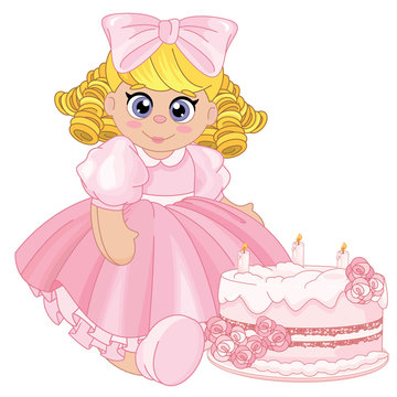 Beautiful baby doll with a birthday cake