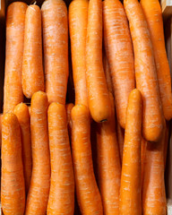 Fresh carrots on a food market. Close up.